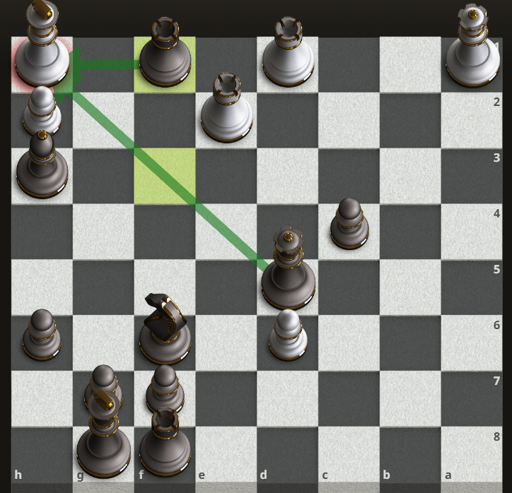 黑方將城堡移動至f1 以"閃擊"打出了"雙將"  形成了"將殺(checkmate)"