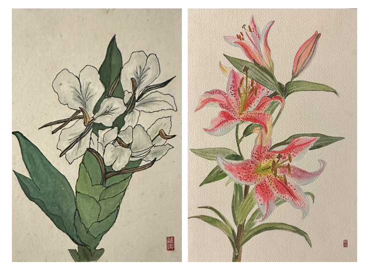 已有十數年歷史的作品：繪於明信片上的野薑花，和繪於水彩紙上的香水百合。