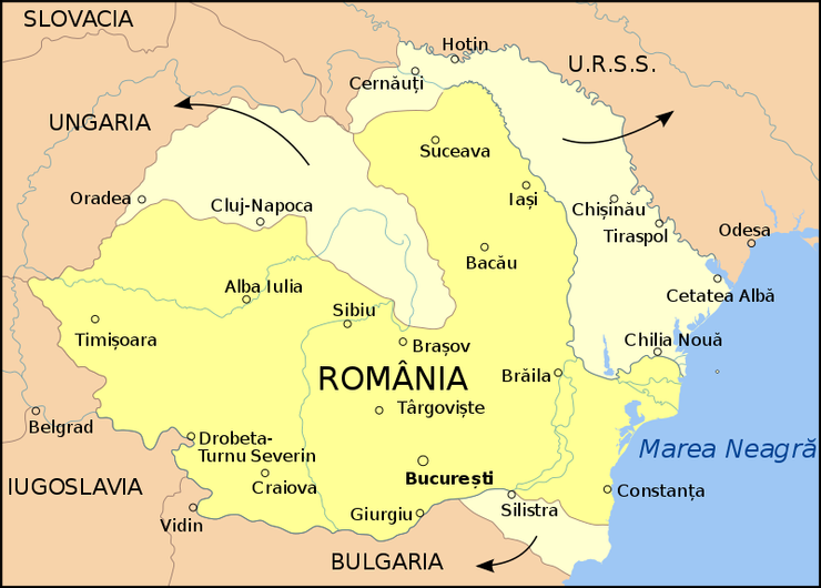 圖三：淺黃色的區塊表示在1940年羅馬尼亞所失去的領土，有三個國家同時奪取它的土地                  如下列： 蘇聯：Bessarabia 和 northern Bukovina   匈牙利：northern Transylvania   保加利亞：southern Dobruja (Dobrogea)   圖片來源：Wikipedia
