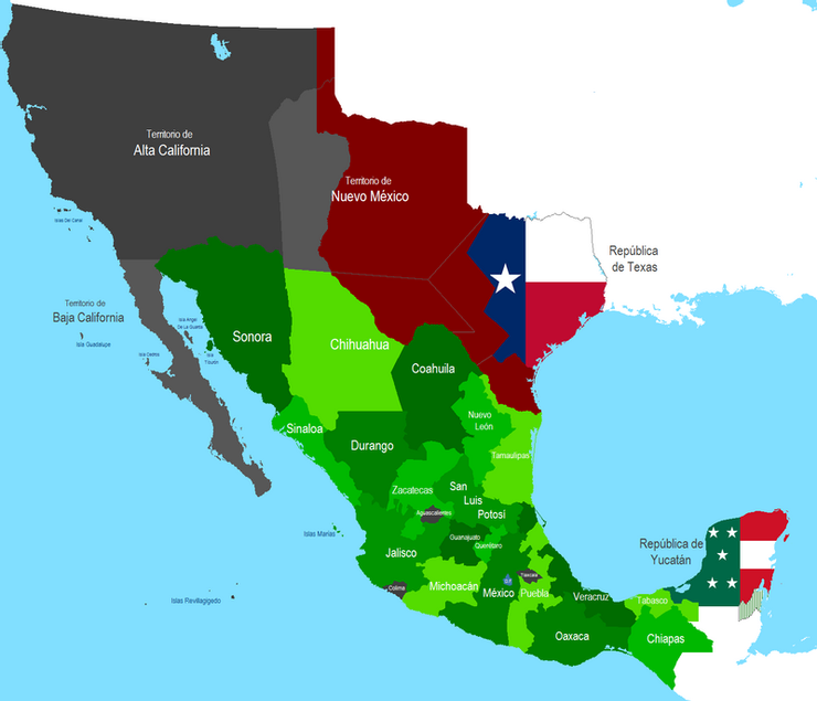 1840年代的墨西哥局勢，北方是德克薩斯，南方猶加敦半島上則是猶加敦共和國，兩者相互呼應。