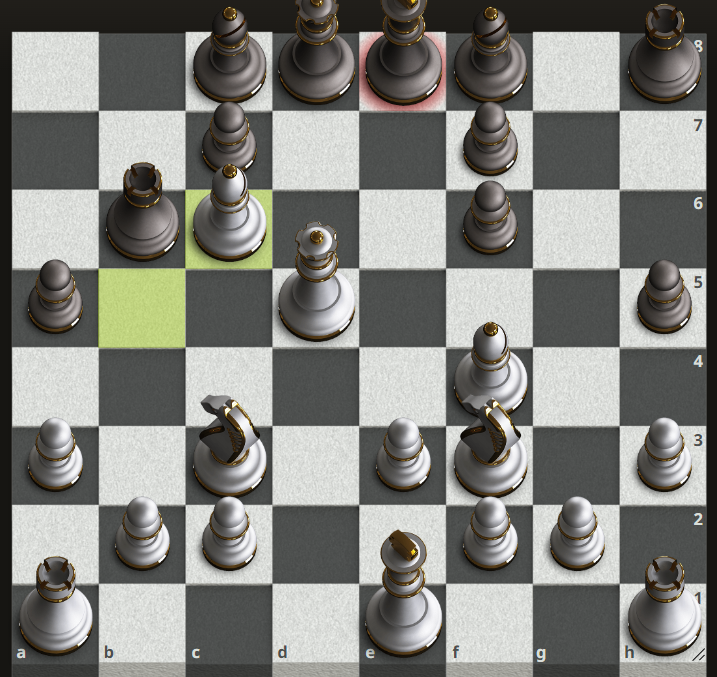 白方 Bxc6+ xc6代表吃掉了原本在c6的棋子，而將軍時後面會加+；將死時後面會加#