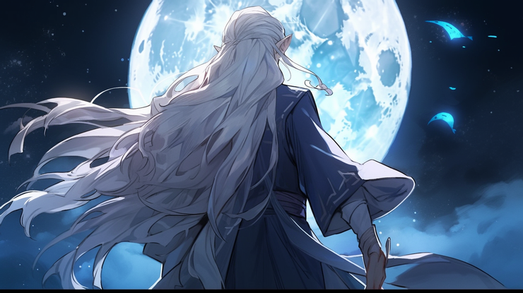 白髮精靈瑟林面向月光，準備完成亞拉斯大帝的心願（圖：奔奔由Midjourney生成）