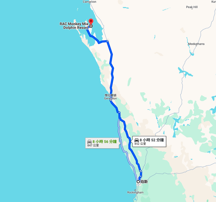 西澳Perth至Monkey Mia的路線圖路線圖
