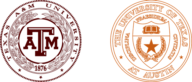 德州農工大學（左）與德克薩斯大學（右）的校徽。
