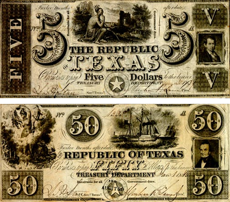 5元與50元紅背鈔票，上頭的肖像分別是「聾子」史密斯（5元）與奧斯丁（50元）。