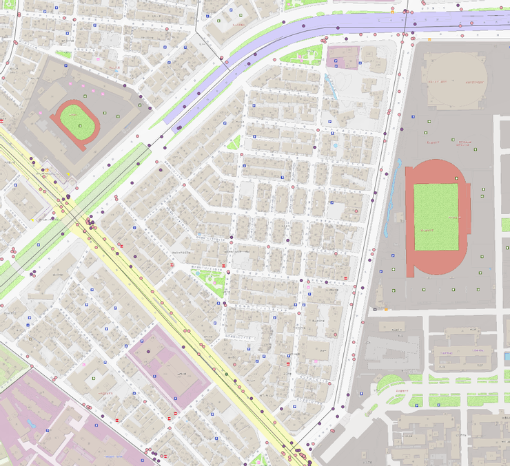 2020年大學里交通事故斑點圖，粉紅色為A2，紫色為A3非息事，綠色為A1。QGIS繪製，底圖為臺北市都發局釋出之臺北市電子地圖 WMTS 圖磚。斑點圖資料來源：臺北市資料大平臺（A3非息事已經下架）