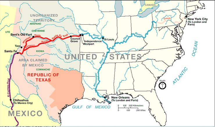 聖塔菲小徑（紅色）與密西西比－密蘇里河流域構成了北美內陸的主要商道，圖中的淡粉紅色部分為德克薩斯的爭議領土。