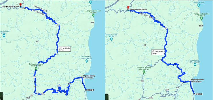 旭海－壽卡，（左）實際騎的路線、（右）導航建議的路線。