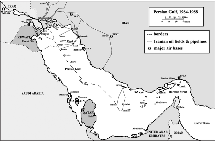 這張圖標示了法赫德(Fahd line)的位置,法赫德線的存在讓伊朗的處境一下子變得很被動,原本他們擁有海軍與空軍的技術優勢,以及遠比伊拉克更長的海岸線,理當具備對波斯灣更強大的控制力,但問題是伊朗外交與國際處境太過孤立,周邊國家幾乎全站在對立面,且還得到美國作為後盾,結果伊朗在油輪戰爭時實際上相當被動。