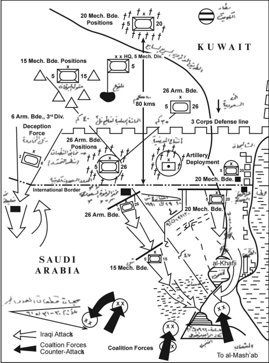 伊拉克進攻態勢圖，注意從科威特中部到巴廷乾河的輔助攻勢並沒有標記出來。