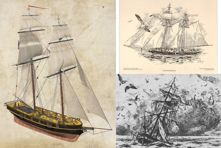 布魯圖斯號（左）、獨立號（右上）與擱淺損壞的無敵號（右下）。