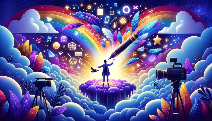 Lively illustration where a diverse and gender-neutral content creator stands on a digital platform amidst the clouds, holding a pen that emits a radiant spectrum of colors