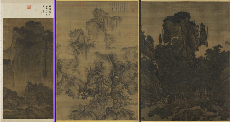 由左至右：范寬《谿山行旅圖》、郭熙《早春圖》、李唐《萬壑松風圖》