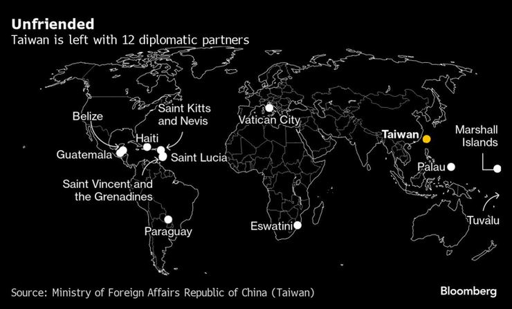 中華民國12個邦交國地理位置。     圖/ Bloomberg