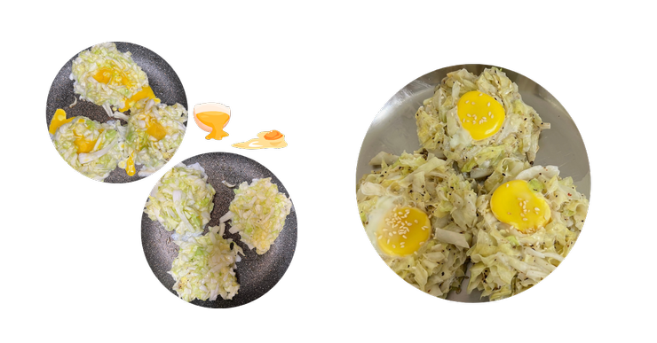 (左) 當蛋黃不小心破掉時，阿喔...(毀容得蛋黃但還是好吃!)；(右)飽飽滿滿蛋黃+高麗菜絕配得啦!