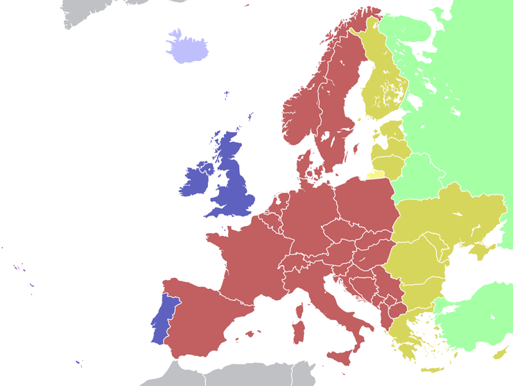 歐洲時區圖。葡萄牙本土和英國同屬 UTC+0 區 (深藍色)，位於大西洋上的亞速爾群島則屬 UTC-1區