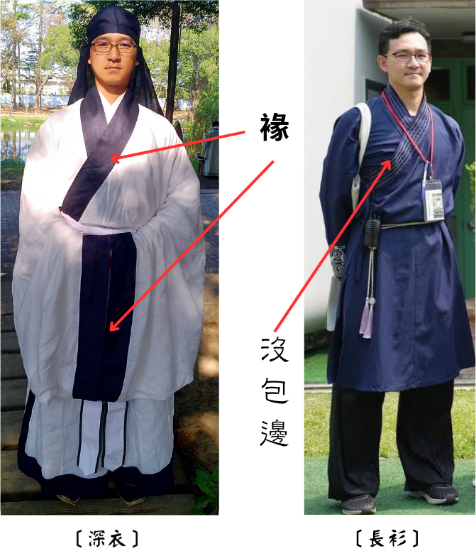 左圖：穿著深衣參加大贏寧靖王祭祀典禮。右圖：辦理活動穿著長衫方便行動。