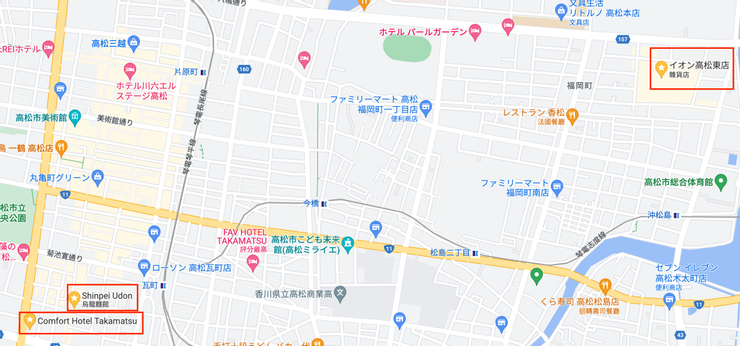 Comfort Hotel，Shinpei Udon，以及AEON購物中心於高松的地理位置圖。
