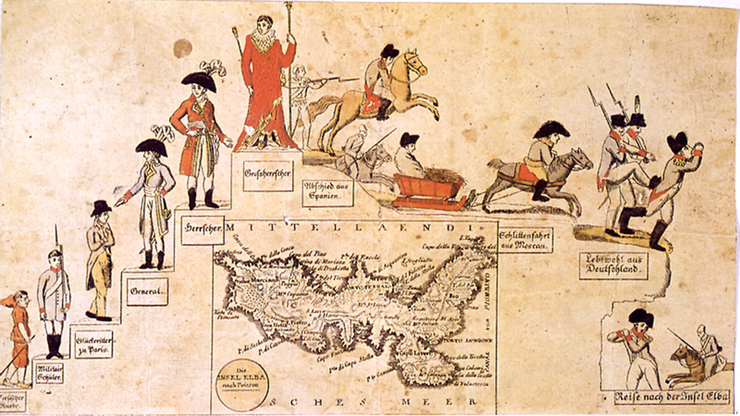 描繪拿破崙崛起到被放逐厄爾巴島的諷刺漫畫