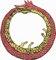 銜尾蛇，維基百科上的圖片。不知為何，這張圖的表情看起來蠻迷因的。