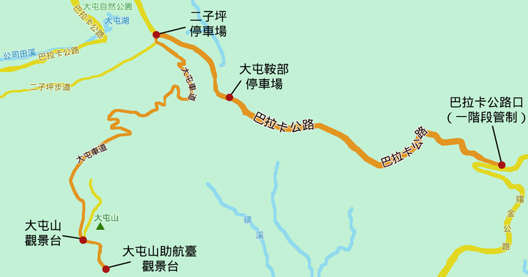 陽明山的管制點，近台北市側是在公車站「巴拉卡公路口」附近。（繪製：抱城。）