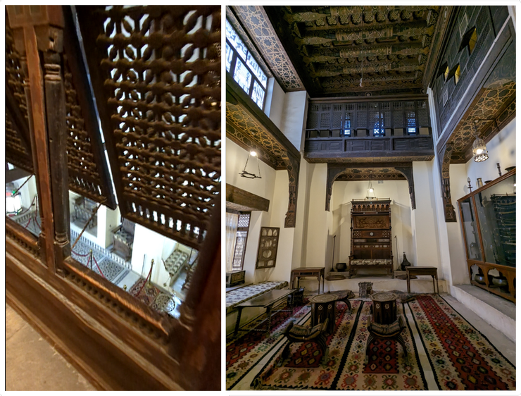 左圖：從三樓透過小窗可看到宴會廳/右圖：圍繞著宴會廳的Mashrabiya(筆者攝)