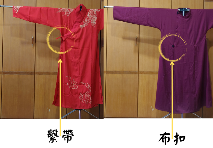 左圖：交領長衫，採用繫帶。右圖：圓領袍，採用布扣。