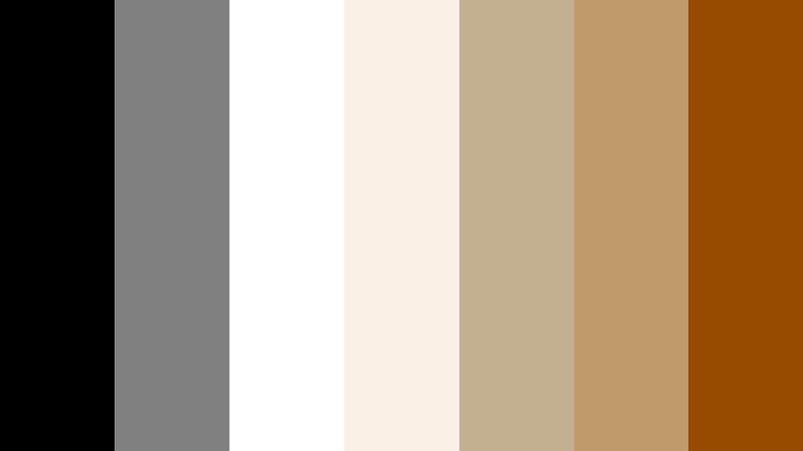 Quiet Luxury搭配的中性色彩，由左至右為黑、灰、白、米白、駝色、卡其、咖啡。