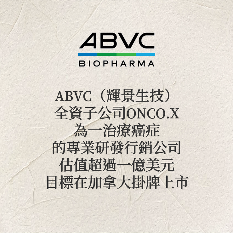 ABVC第三家全資子公司ONCO.X目標加拿大IPO
