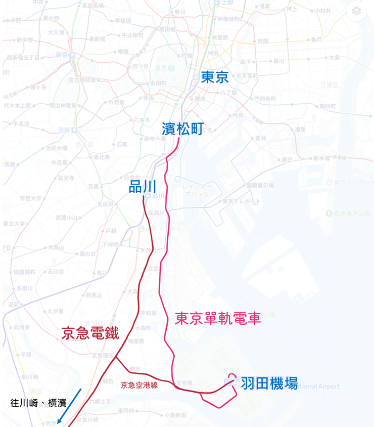 東京單軌電車、京急電鐵路線圖。擷取自Y! Map應用程式。