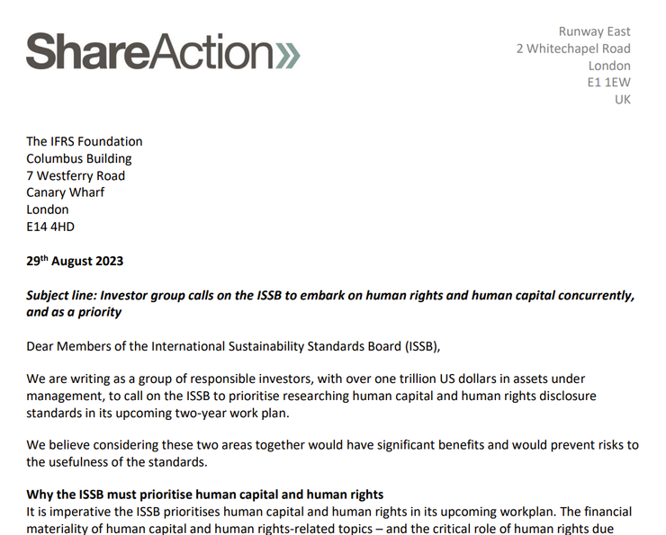 已經有投資人催 ISSB 制訂與人權及人力資本相關的揭露準則，資料來源：ShareAction