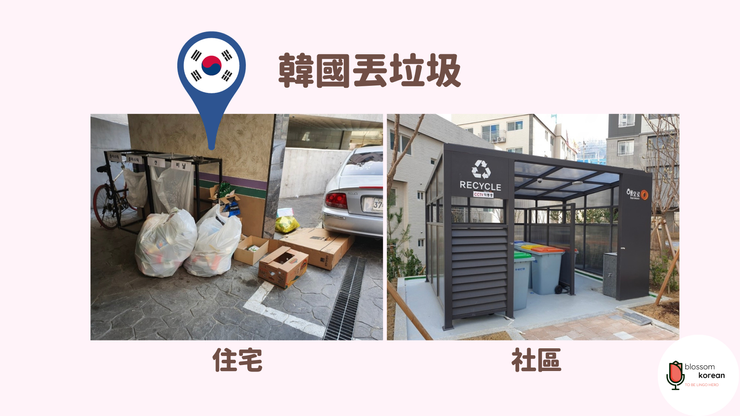 韓國的丟垃圾文化，通常大家是把垃圾集中丟到住宅的其中一個指定角落，用專用垃圾袋裝好放置，等專人來收走。