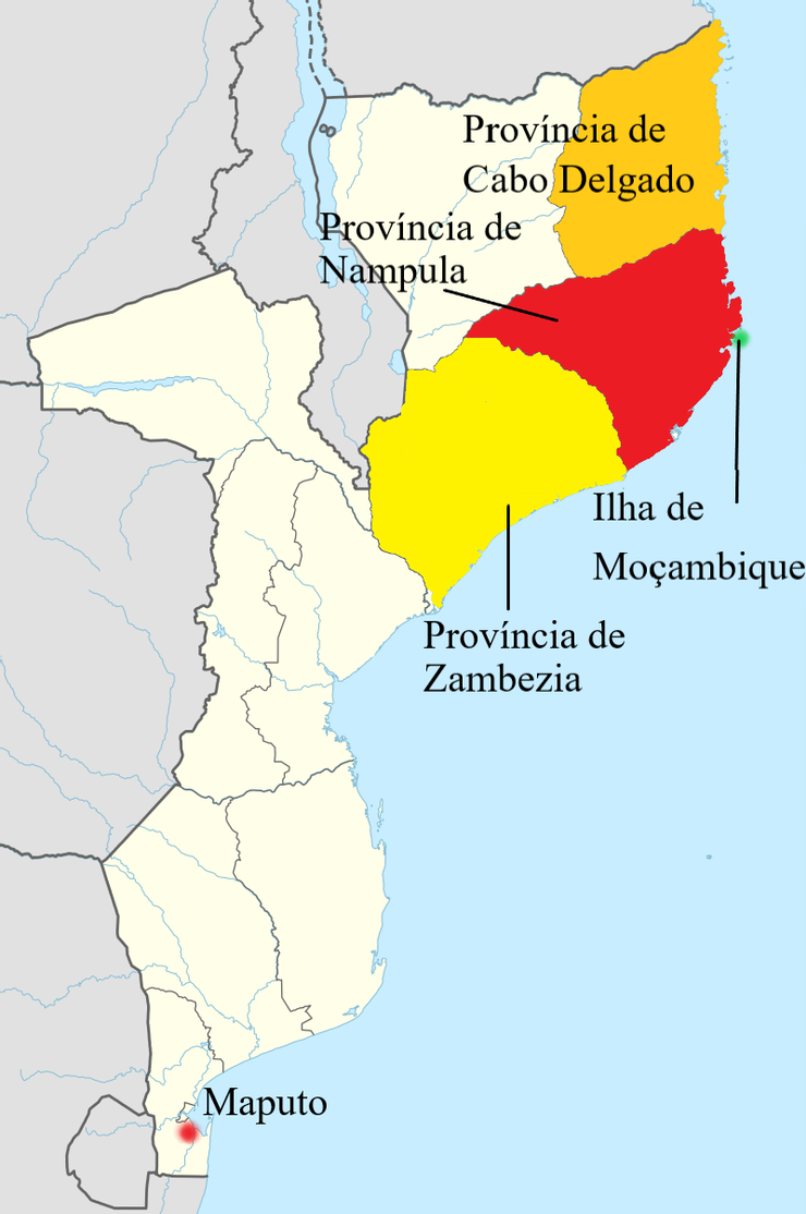 位於莫三比克北部的德爾加度角 (橘)、楠普拉省 (紅)；中部的贊貝西亞省 (黃)。首都馬布托位於南部