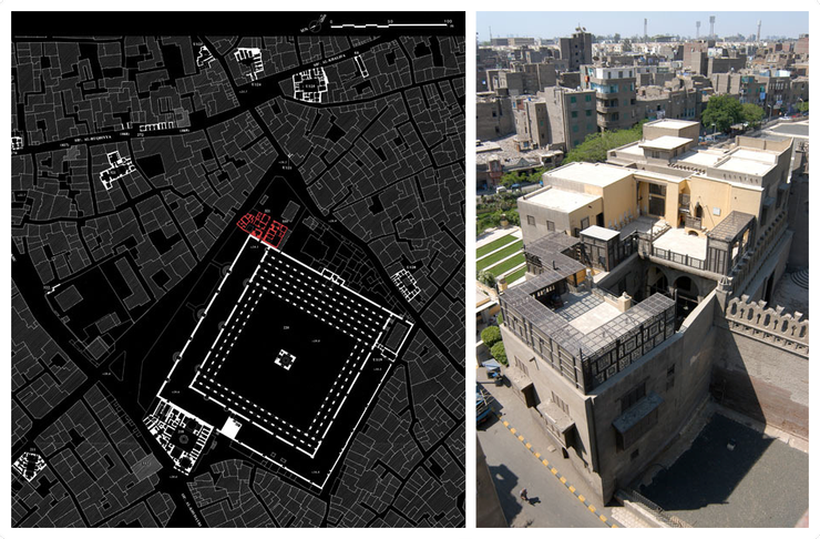 左圖：紅色線條為博物館，面積很大的矩形是伊本‧圖倫清真寺/右圖：可看到博物館右側建築緊連清真寺的圍牆(圖片來源：https://www.archnet.org/)