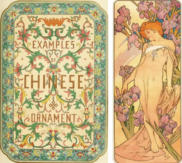 圖3 左為英國工藝美術時期 - 威廉．莫里斯 設計的海報，右為 阿爾豐斯·慕夏 設計的海報，可明顯看到描寫花卉在工藝美術時期強調花的圖案裝飾與細節；反之新藝術時期較強調外框形體，且將內部細節進行簡化。
