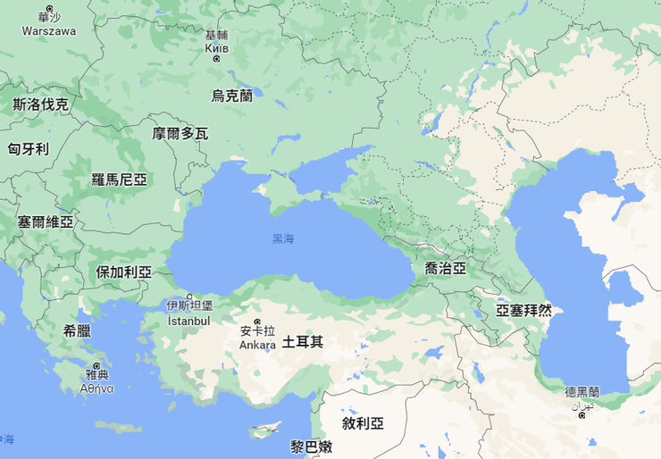黑海與周邊國家（圖片取自Google Map）