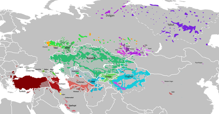 突厥語系分布圖。暗紅色為土語