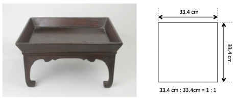 (圖七) 韓國國立民俗博物館製作的狗腿方桌（左）及比例分析（右）