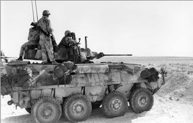 LAV-25配備與布萊德雷系列同款的M242 25毫米機砲，共有210發待射彈(正常配置是60發穿甲彈與150發高爆彈)，車上可另外攜帶210發備用彈。砲塔具備橫向與俯仰穩定器，砲手和車長都有熱成像，車長還有第二代微光夜視鏡。車上除標準3人車組外還可以攜帶最多6名步兵，但實戰中通常只帶4名。