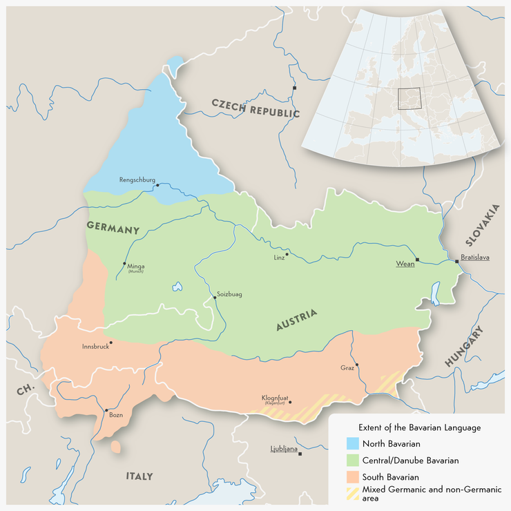奧地利 - 巴伐利亞語主要分布於南德、奧地利及義大利北部提洛爾地區