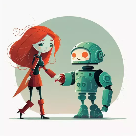 由Midjourney繪製/prompt : A woman human with red long hair shaking hand with a green cute robot
