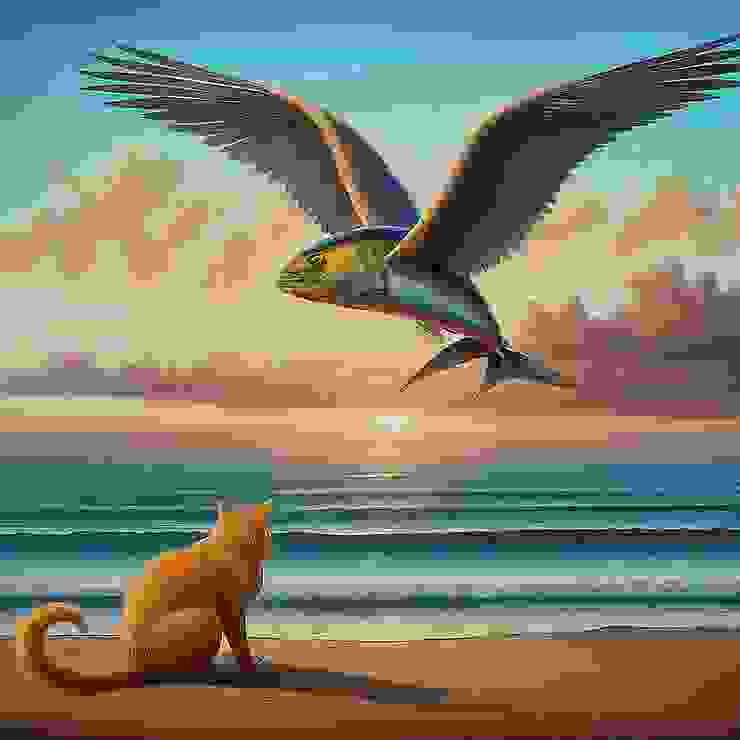 A man is flying on the beach holding a tuna, being watched by a big orange cat.