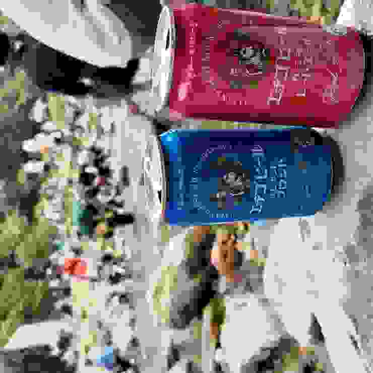 在溪邊無形象包袱的小憩。越後啤酒是在地生產的啤酒，台灣7-11也買得到，這次特地買沒喝過的品項。左邊的啤酒罐顏色和苗場藍很接近。