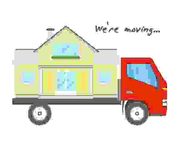 Transportation and home removal. Comfortable house on a red truck. We're moving. Stock vector. Flat design.