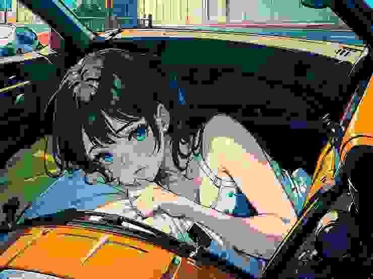 1girl, beautiful, solo, (top down:1.5), (close-up1.5), lying in car