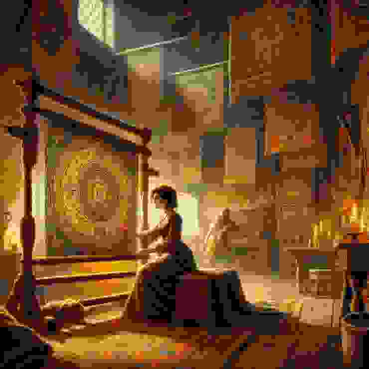 The image should depict a scene inside an old-fashioned, cozy tapestry shop filled with intricate and colorful tapestries hanging on the walls. 