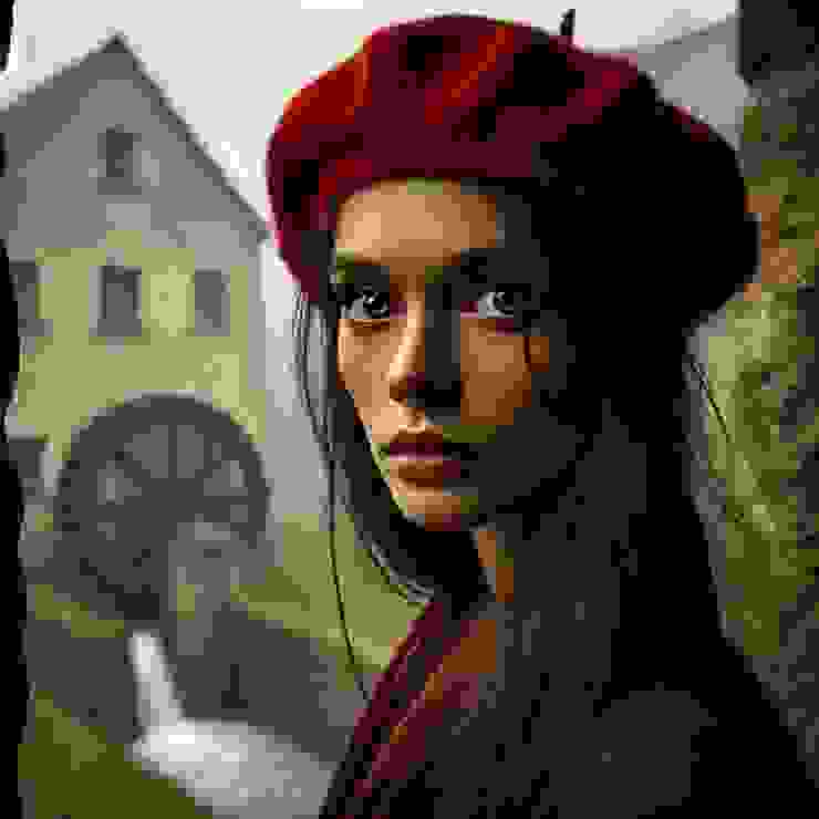 Here is the image based on the story. It features Jane standing at the threshold of an old mill, wearing a red beret, which captures the somber yet hopeful mood of a moment of decision.