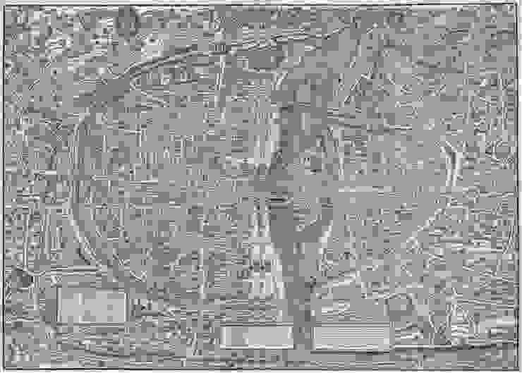 1553年的巴黎地圖，圖中最顯眼的大橢圓形即包圍城市的查理五世城牆，羅浮宮在橢圓形的底部，靠近塞納河畔。（圖／原點出版《羅浮宮800年》）