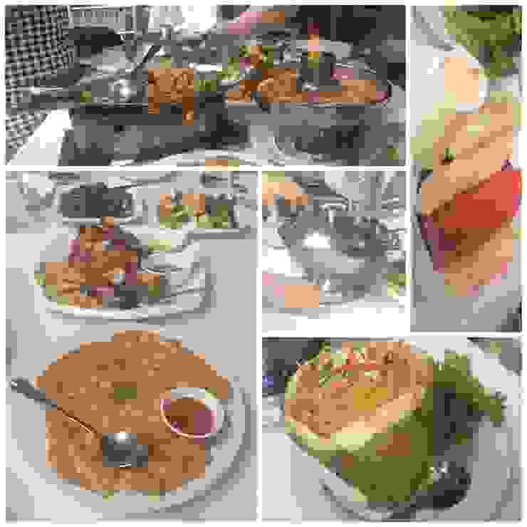 ［左上：不知名的鍋、蒸魚］［右下：蔬菜、可能是炒三鮮、脆皮豬腳、蛋］［右下：不知名的料理］［右上：水果］［中：阿拉丁神鍋］