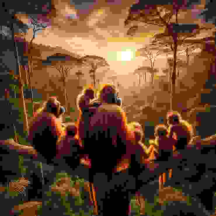 非洲熱帶雨林中，猴子家庭坐在樹上。猩猩的背影。這棵樹非常的高。他們望向前方整片樹林和夕陽。